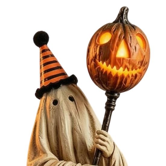 Halloween Theme Haunted House Decor Lighted Ghost Figurine with Remote Control, Vintage Resin Statue Luminous Pumpkin Indoor Festive Display Ornament