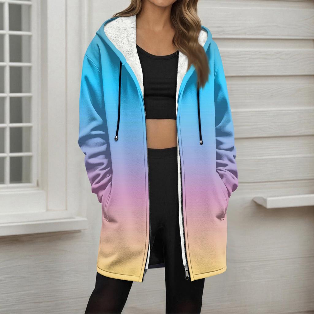 Women's Gradient Print Fashionable Loose Zipper Fleece Hoodie Jacket