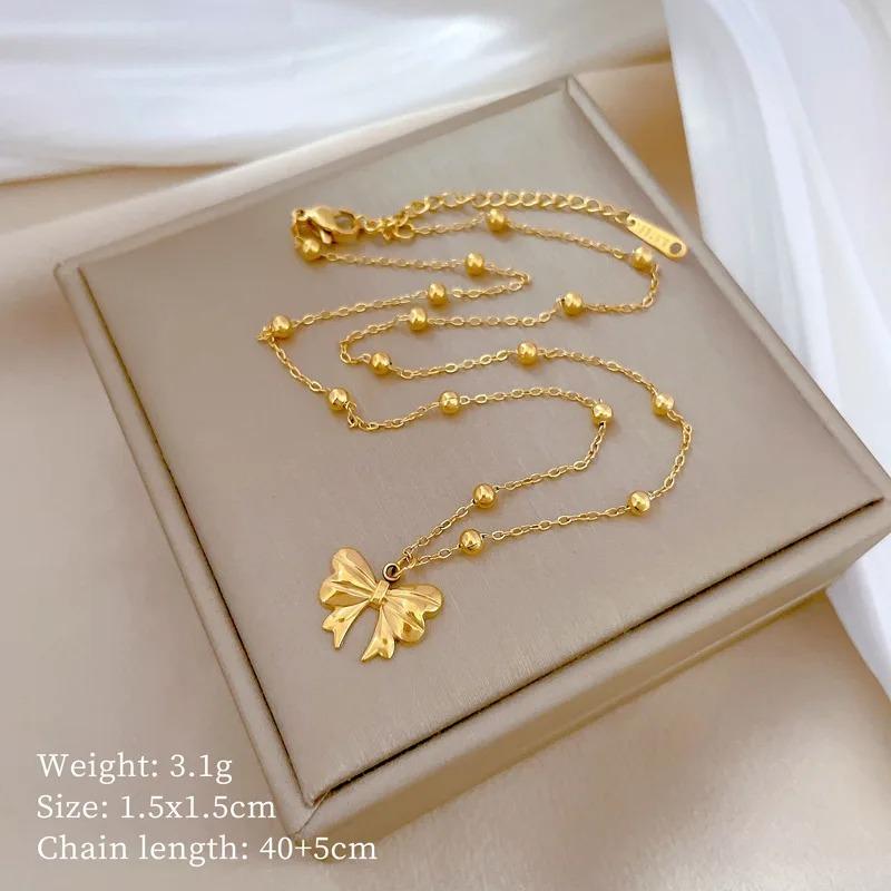 L316 Stainless Steel Beads Chain Hollow Bowknot Pendant Necklace for Women Niche Simple Jewery Accessory