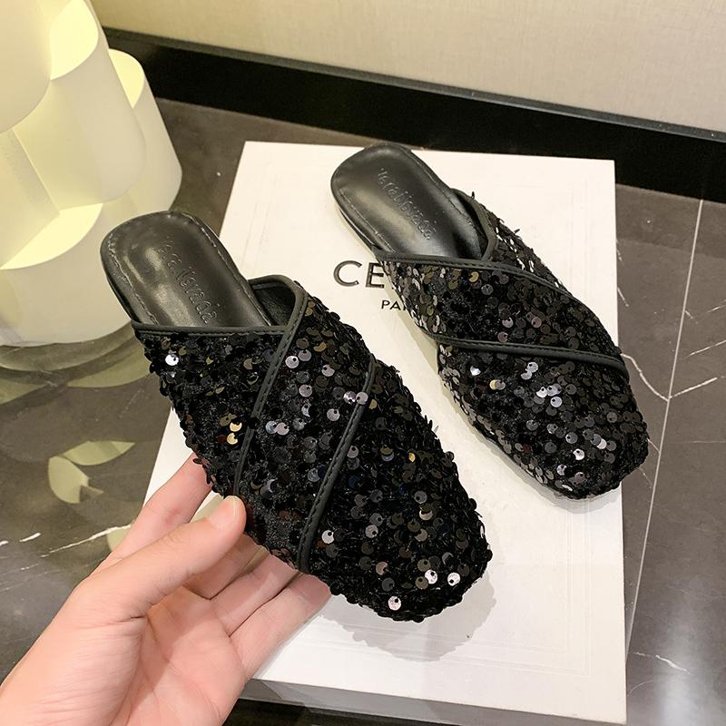 Fashion Fashion square head sequin cloth slippers spring new Bao head deep mouth soft sole anti-slip wear-resistant flat shoes