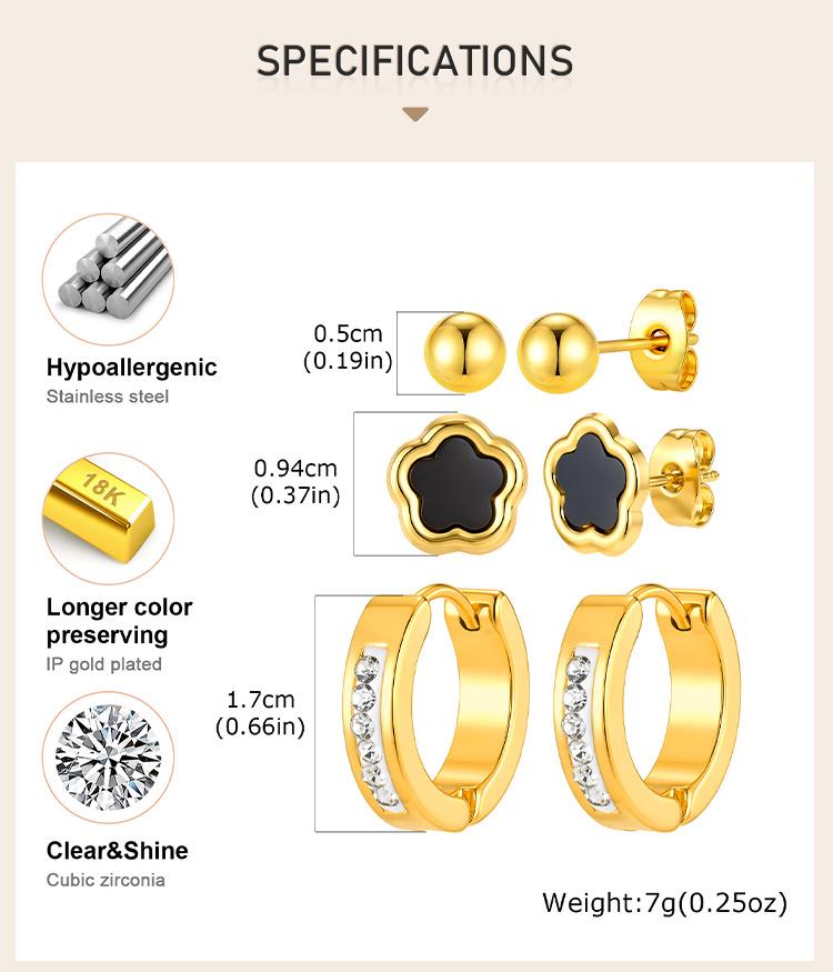 Earrings Set Gold Plated Stainless Steel Black Flower Studs CZ Hoop Earrings for Women Multiple Piercing Jewelry