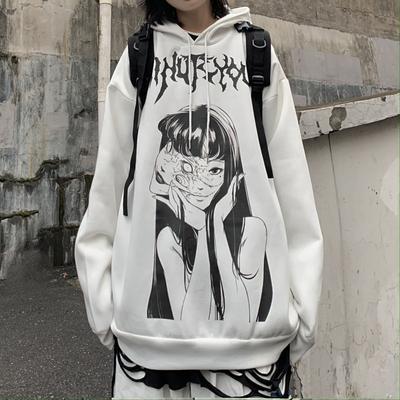 Gotické Harajuku Grunge Fleece Mikiny Ženy Goth Oversized Bílá Dlouhý rukáv Manga Potisk Mikina Streetwear Topy Oblečení Zima