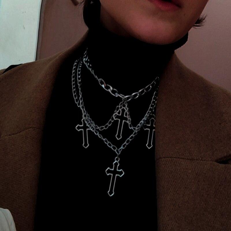 Colier cu pandantiv cu cruce goală de culoare argintie, lanț cu mai multe straturi, simbol dolar, coliere, bijuterii hip hop
