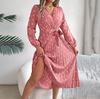 Abito lungo da donna autunno inverno a maniche lunghe con pieghe a pois e vita alta