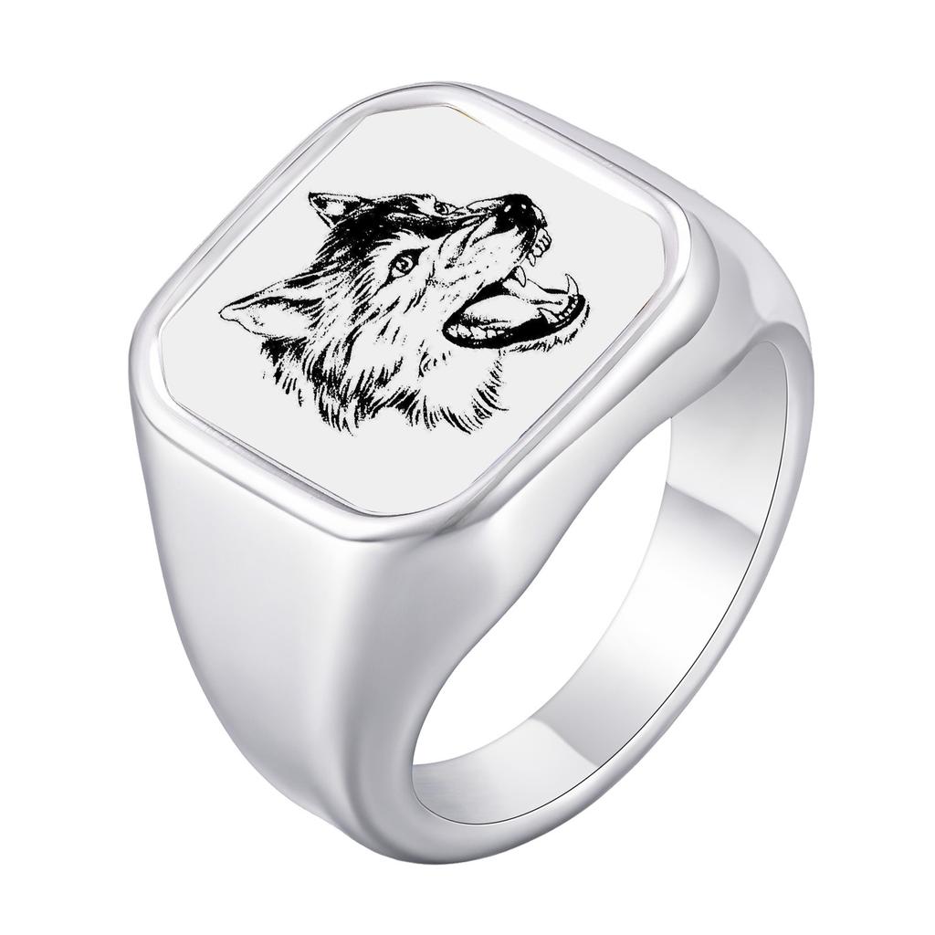 Personalisierter Bildring für Männer Jungen,Edelstahl Wolf Keltisches Knotenbild Siegelring,Schulclub Abzeichen Familienfoto Ring