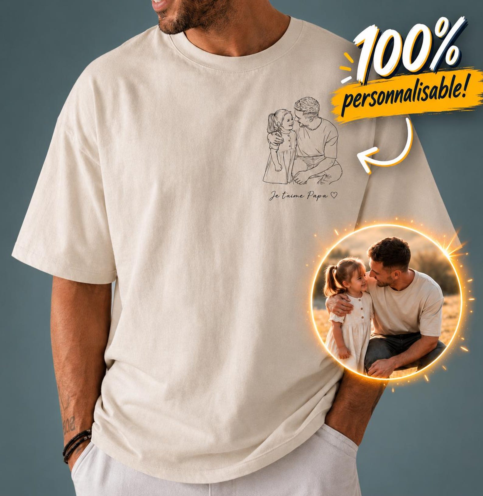 T-Shirt Papa Personnalisé Photo - Cadeau Fête des Pères - Line Art - Je t aime Papa - T-Shirt Famille - Cadeau Papa Original 2026 L