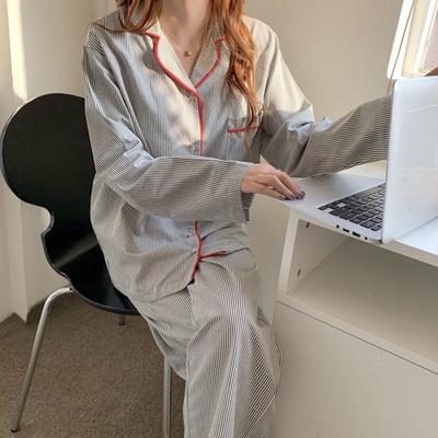 Damen Gestreifter Langarm-Cardigan Pyjama Set - Koreanischer Stil