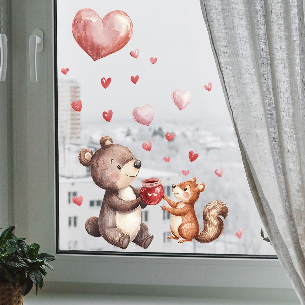 Valentinstag Bär und Eichhörnchen Herzförmiges Glasfenster Heim-Hintergrund Verschönerung Fensteraufkleber