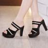 10cm Small Size 32-43 Summer Mix Color Block High Heels Shoes 2025 Soft Leather Slippers Platform Slides for Office Model Work