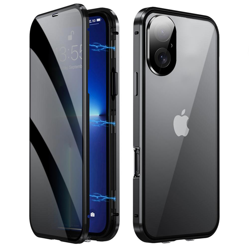 

For iPhone 16 Case Anti-Spy Double-Sided Tempered Glass+Magnetic Metal Frame Phone Cover Black
