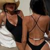 Women's Swimwear Fashion Sexy Black One-piece V-Neck Backless Bikini Beachwear