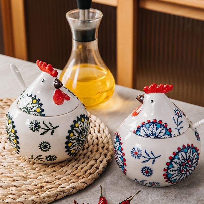 Creative Ceramic Seasoning Jar Rooster Seasoning Box Home with Lid Seasoning Box Pepper Salt Jar Moisture-proof Kitchen Tools