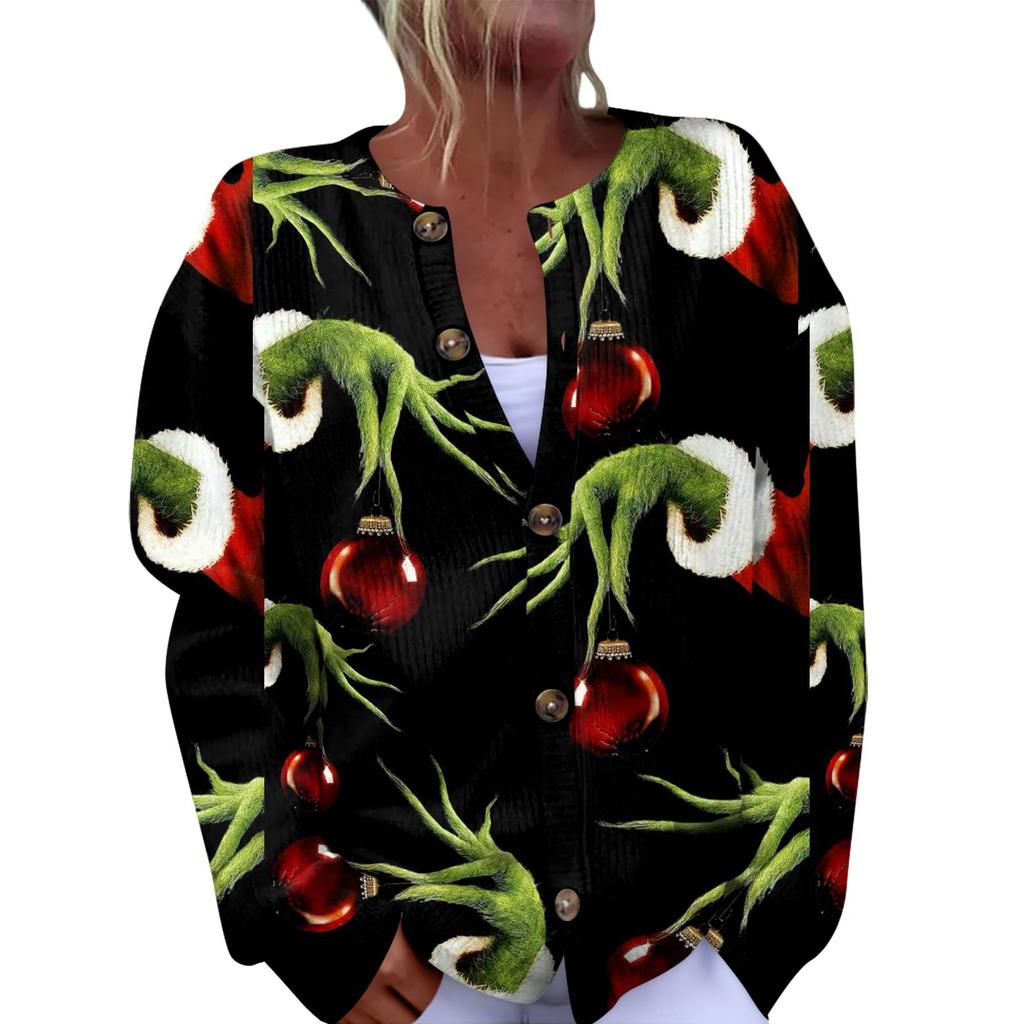 Women's Fashion Christmas Printed Long Sleeve Knitted Cardigan Button Down Jacket
