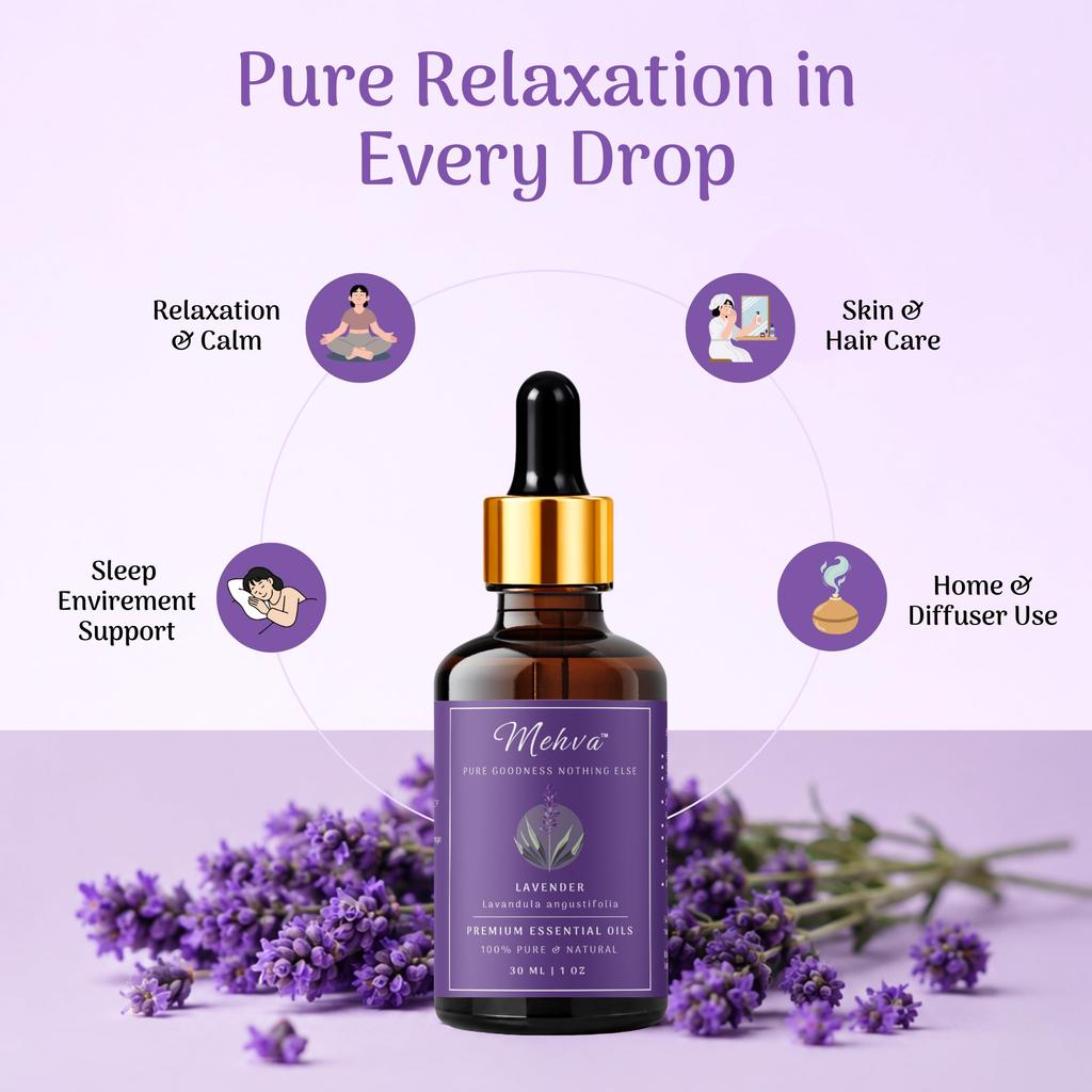 Mehva Lavender Essential Oil | 30Ml | 100% Pure & Natural | For Stress Relief & Aromatherapy | Soft & Shiny Hair | Nourishes Scalp | Home Fragrance