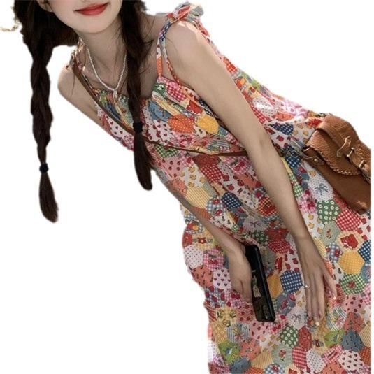 Cartoon floral suspender dress women's summer sweet Mori idyllic summer dopamine seaside dress