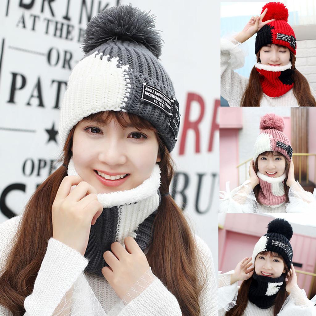 Women’s Maroon & Navy Blue Hand-Knitted Woolen Winter Cap with Scarve