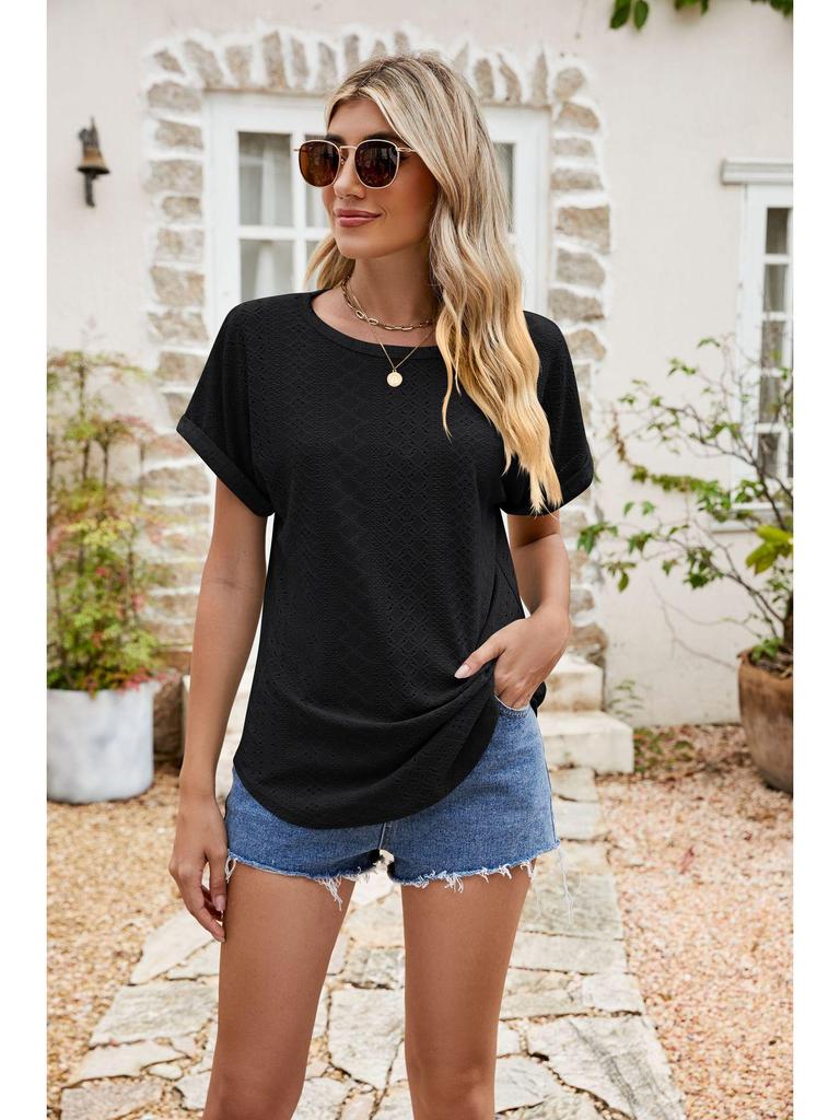 Women's Eyelet Summer Round Neck Short Sleeve Casual T-shirt
