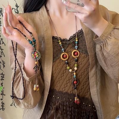 Ceramic Leaf Beaded Pendant Necklace Retro Ethnic Style Temperament Collarbone Chain Light Luxury High-end Niche Jewelry Women