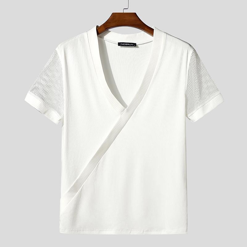 

INCERUN Мужские футболки с V-образным вырезом, короткими рукавами, сетчатыми вставками, прозрачной передней частью и перекрещенными деталями 5XL белый