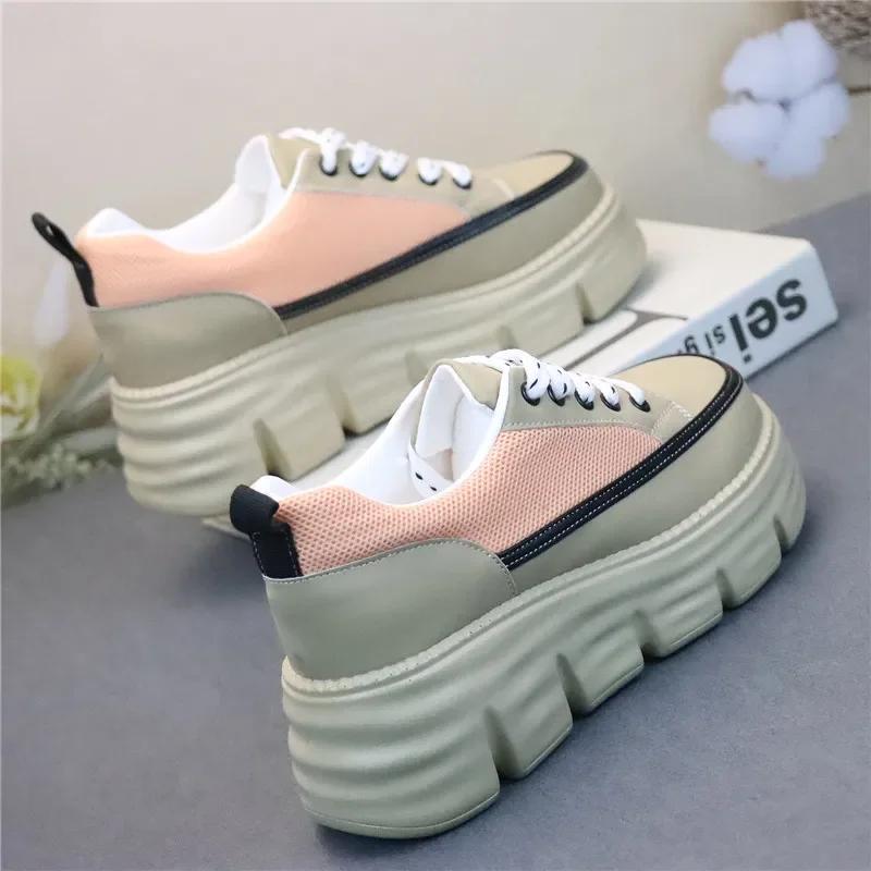 

Fashion Thick-soled Platform Shoes Women s 2025 New Mesh Surface Breathable Height Increase Light Casual Mixed Color Shoes 8cm Sneakers 34 розовый