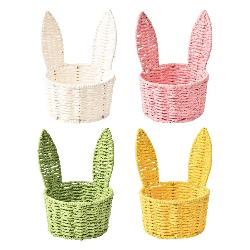 Handwoven Paper Rope Rabbit Ears Storage Basket With Iron Frame For Easter Decoration And Gift Packaging