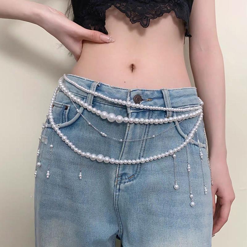 Flower Pearl Tassel Necklace Ladies Sexy Pearl Multi-Layer Body Chain Elegant Waist Chain For Beach Outfit  Accessory