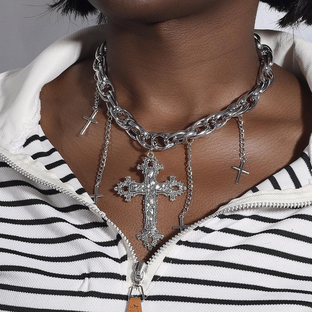 Cool Silver Color Cross Pendant Necklaces for Women Men Steampunk Choker Necklace Chain Streetwear Jewelry Gifts