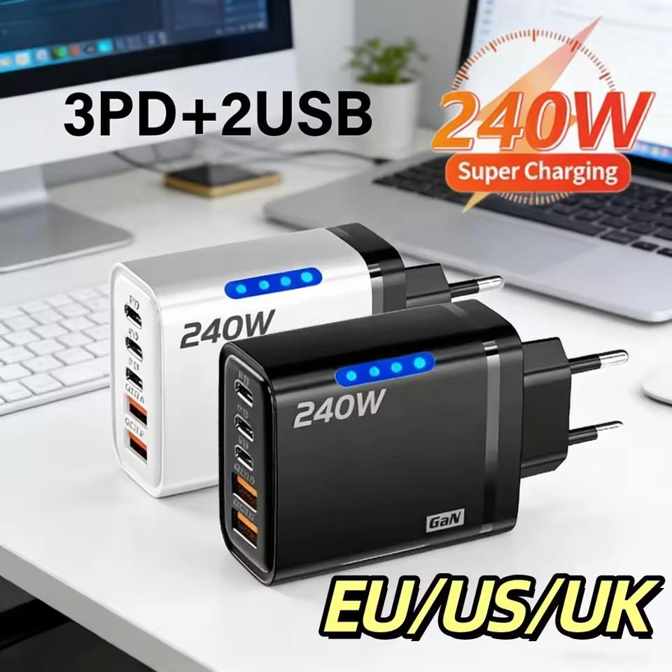 PD 240w Gan Fast Charger 5 In 1 With Led Light 2usb 3type-C Multi Port Phone Charger For Iphone 16 15 Pro Samsung Huawei Xiaomi