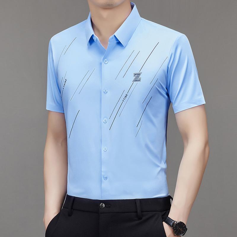 

Men Summer Ice Silk Short Sleeve Shirt Business Casual Wrinkle Free All-match 4XL небо синє кольору