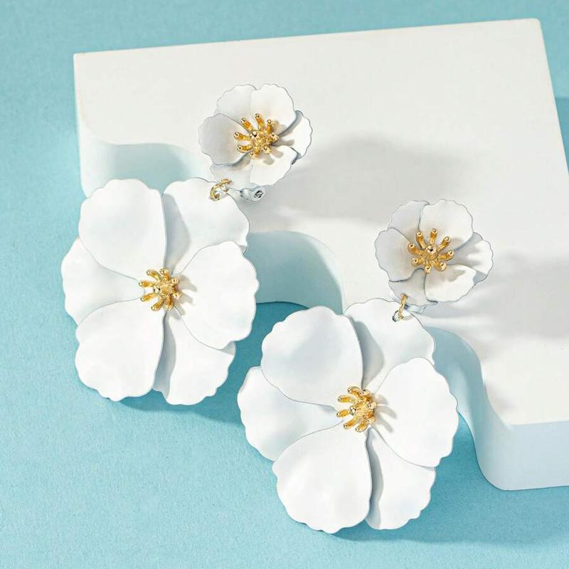 Damen Fuchsiablumen Hängeohrringe Vergoldet Weiß Fuchsienspray Große Blume Hängeohrringe Feiertags-Brautohrringe