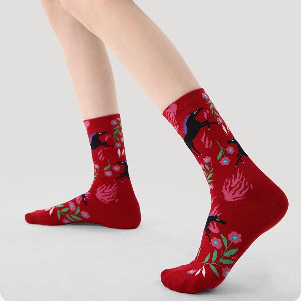 3Pairs Winter Autumn New Year Tube Socks Cartoon Red Cotton Socks Cute Year of The Horse Socks  Gift