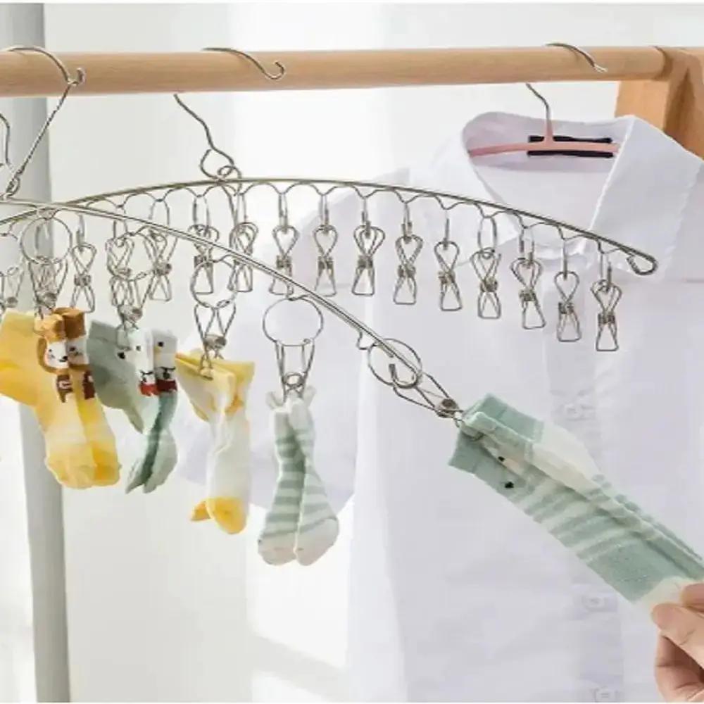1 Pieza Múltiples Pinzas Acero Inoxidable Colgador Secado Ropa Resistente al Viento Tendedero Pinzas Calcetines Ropa Interior