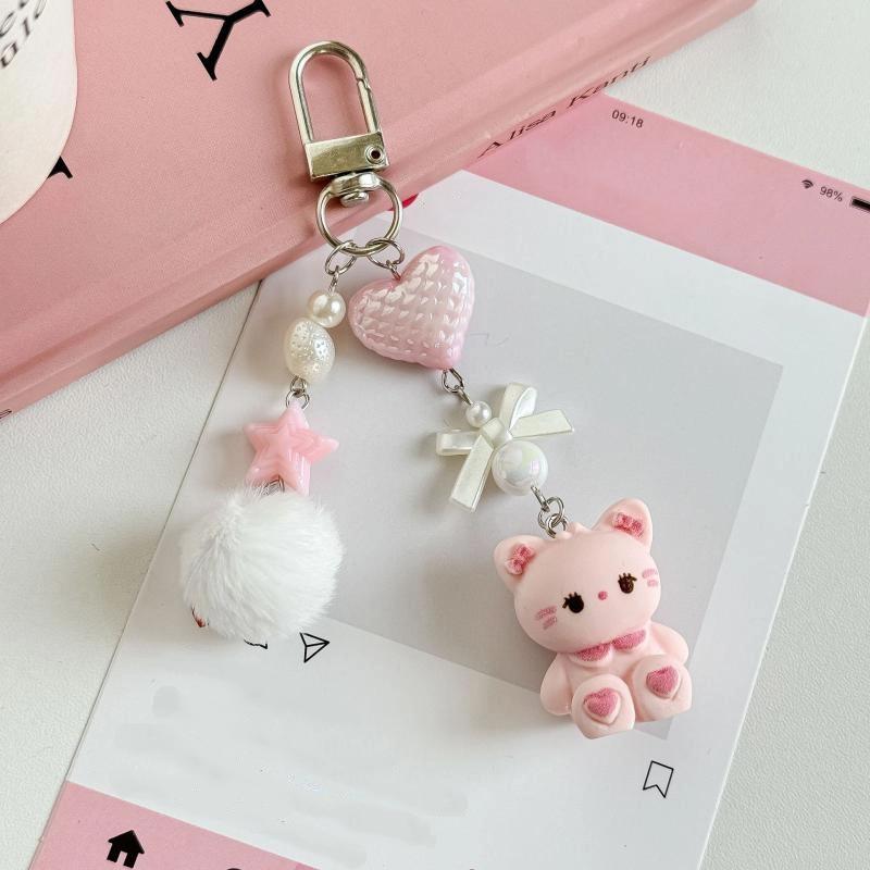 Niedlicher Hase Kätzchen Bär Anhänger Schlüsselanhänger Flauschige Kugel Schleife Perle Handykette Anti-Verlust Lanyard Kawaii Taschenanhänger Geschenk