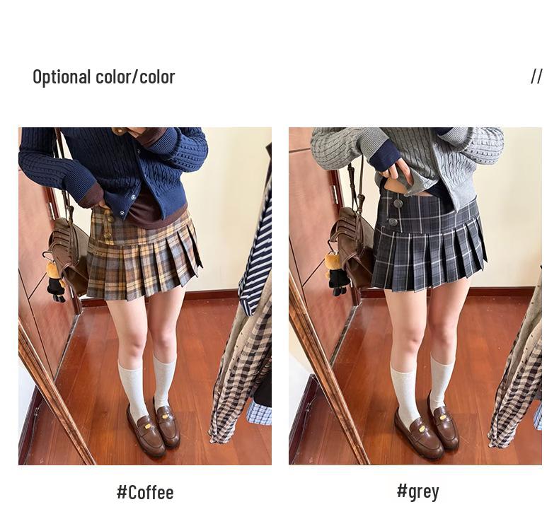 Women's Slimming High-Waist Retro Plaid Wool Skirt - Spring College Style A-Line Pleated Short Skirt