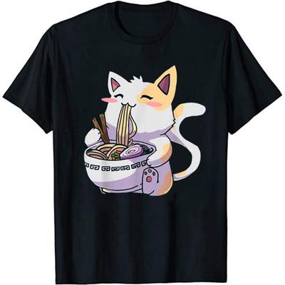 Koszulka Ramen koszulka z nadrukiem kota Kawaii koszulka Anime japoński prezent słodki miłośnik kotów krótkie rękawy dla kobiet hipsterska letnia koszulka