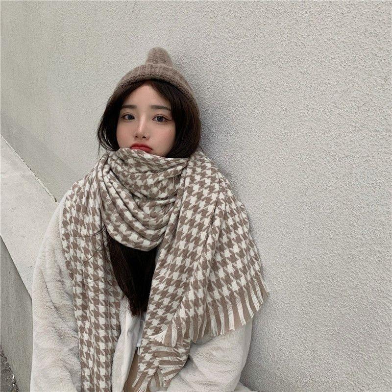 Mohair plaid scarf women's winter sea salt milk coffee blue thickened atmosphere warm student shawl scarf