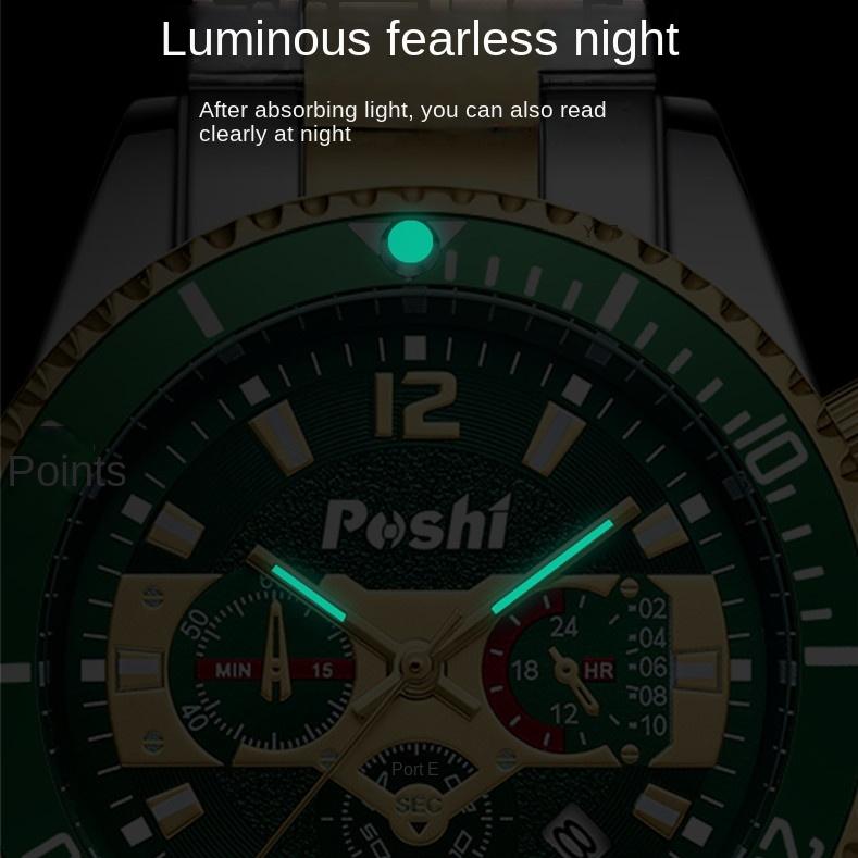 POSHI Vanntett Klokke Herre Selvlysende Kalenderklokke Herre Stållenke Klokke Studentklokke Herre