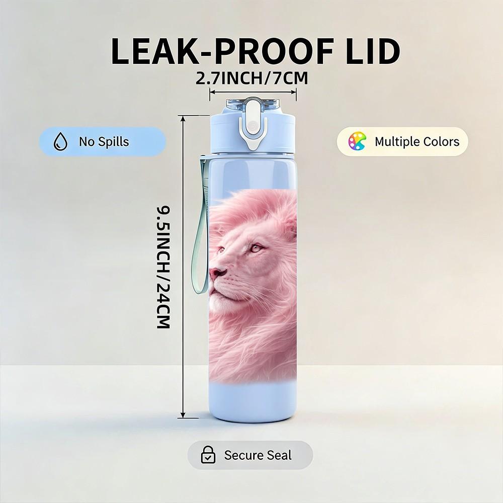 1PC Soft Fluffy Pink Lion Animal Print 750ml Color Plastic Sports Water Bottle Leakproof Flip Straw Lid Suitable for Sports Office Home Use