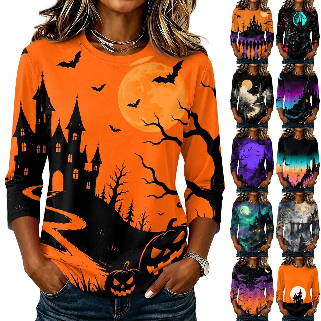 Women's Casual Crew Neck Three Quarter Sleeve Halloween Print T Shirt Top Lightweight Comfortable Fit Suitable for Daily Wear