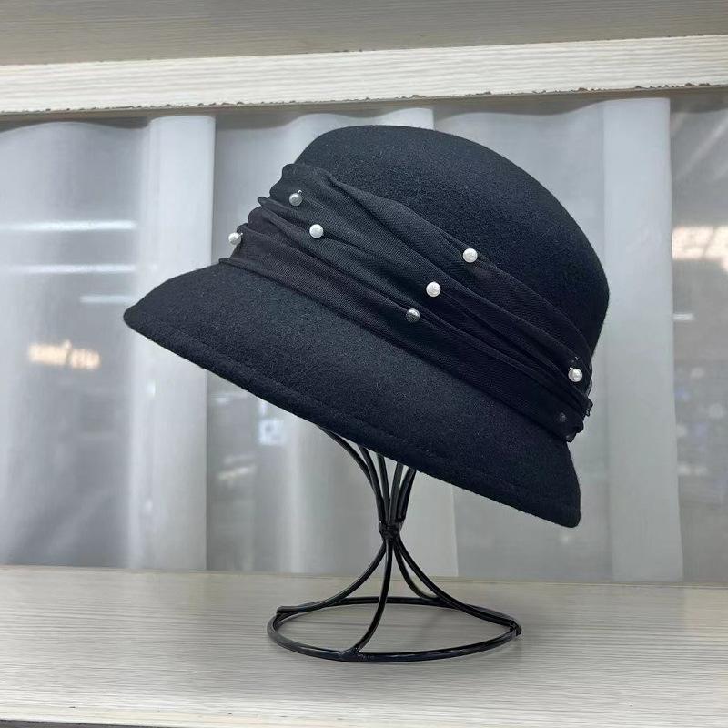 White wool pearl bucket hat high-end temperament French retro elegant top hat bowl golden woolen pot hat girl