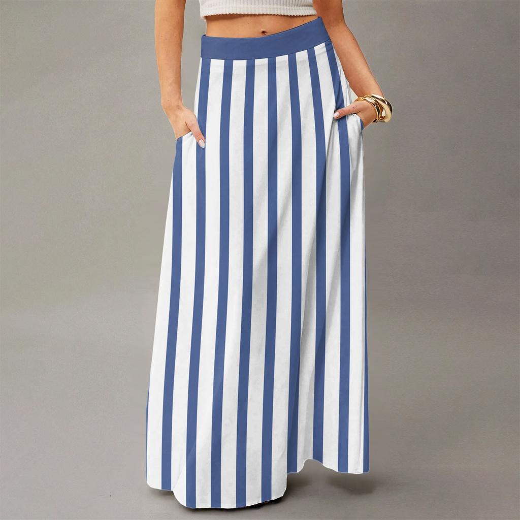 Damen Lässig Freizeit Faltbar Gestreift Kariert Druck Hohe Taille Mit Tasche Drapierter Entspannter Langer Maxi Rock