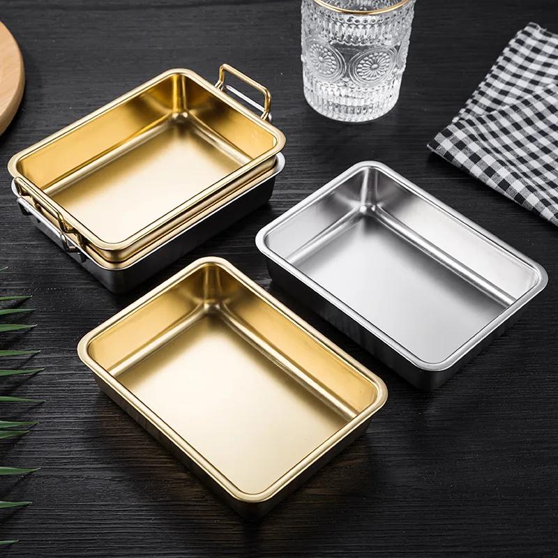 304 Stainless Steel Double Ear Rectangle Snack Plate Fried Chicken Plate Restaurant Creative Candy Fruit Serving Tray Tableware