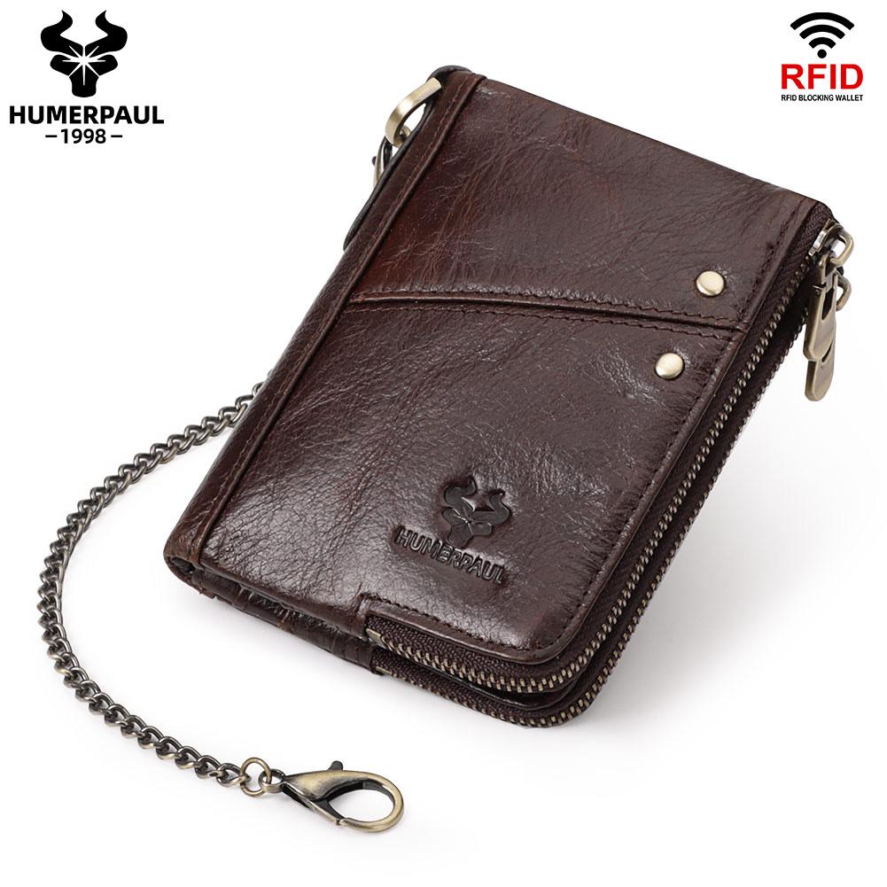 Humerpaul Echt leer RFID-blokkerende dubbele rits Herenportemonnee Bifold Slanke horizontale portemonnee koffie