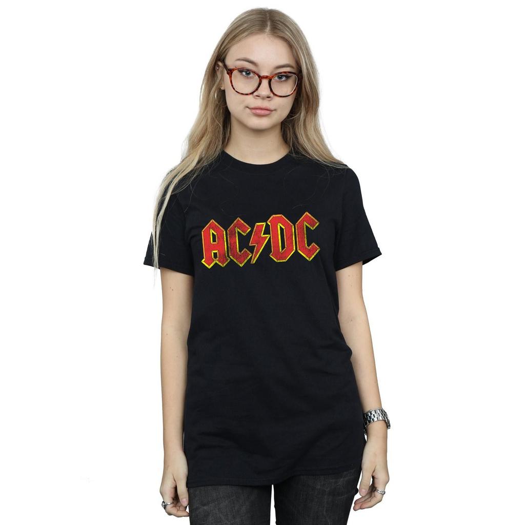 AC/DC Womens/Ladies Distressed Logo Cotton Boyfriend T-Shirt