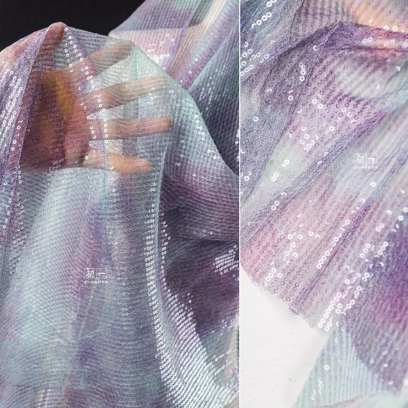 Blue Green Gradient Sequin Mesh Fabric for Diy Sewing Wedding Dress Designer Cloth Polyester Material By The Meter