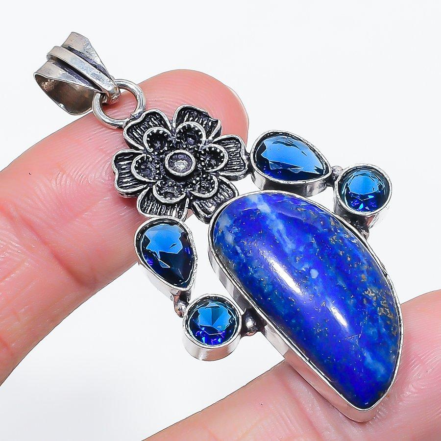 Natural Lapis Lazuli, Topaz 925 Sterling Silver Jewelry Pendant 2.36" u0F77