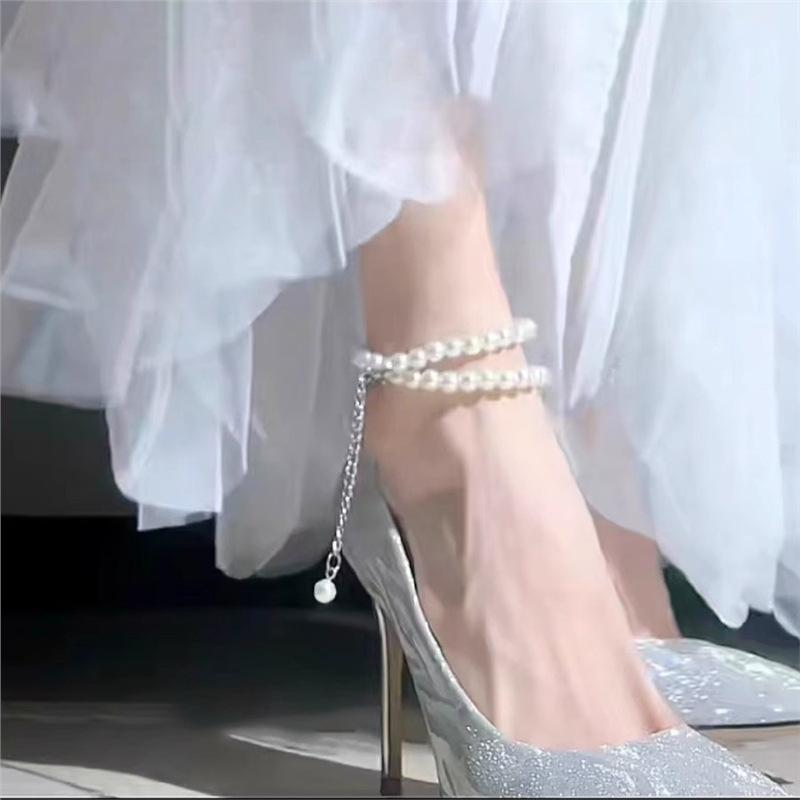 Silver high-heeled shoes women's 2024 new pointed-toed thin-heeled pearl shallow mouth word with high-end wedding shoes single shoes women