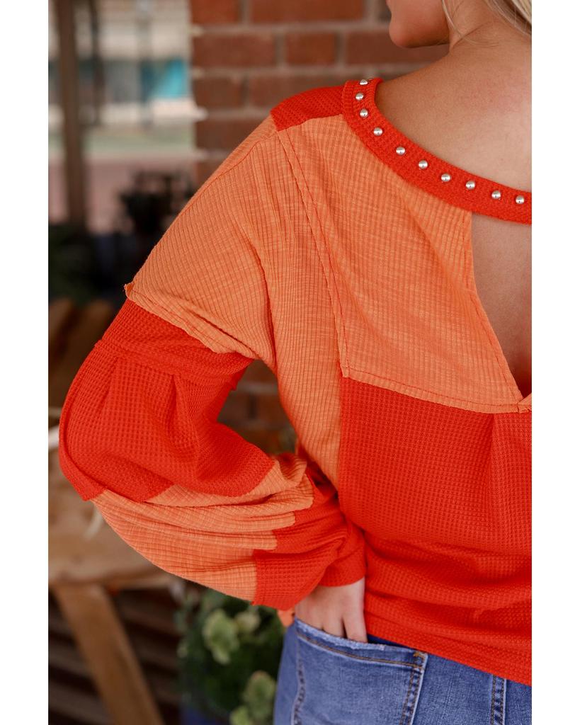 Azura Exchange Red Studded V Neckline Exposed Seam Textured Knit Top