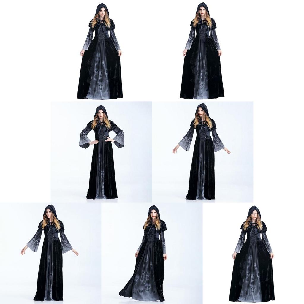 Stylish Halloween Skeleton Print Witch Vampire Costume For Women With Hooded Cloak And Skirt