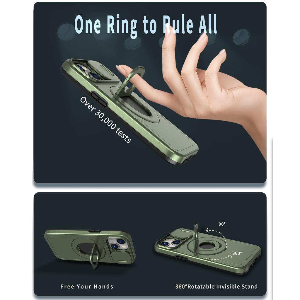 For iPhone 13/14 Phone Case Kickstand Magnetic Back Shell with Slide Camera Cover